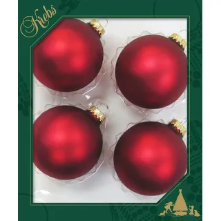 Dekohelden24 Lauschaer Christbaumschmuck - Baumkugeln rot, Tannenbaumkugeln, 4er Set Kugeln Lauscha Uni matt Satin rot, 8 cm, mit goldenem Krönchen + 50 Schnellaufhänger in Gold.