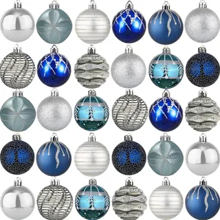 30 Stück Weihnachtskugeln Weihnachtsdeko Set Blau 6cm Kunststoff Weihnachtsbaumkugeln Box mit Aufhänger Christbaumkugeln Plastik Bruchsicher, Weihnachtsbaumschmuck