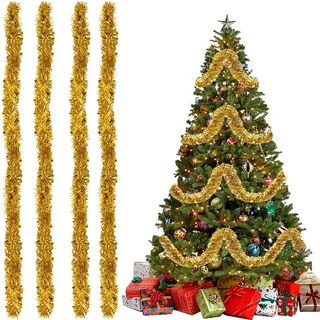 Lametta Girlande | Weihnachtsbaum Girlande 4er-Pack [8M], Extra Dicht & Glänzend für Festliche Atmosphäre | Perfekter Weihnachtsbaumgirlande für Christbaum (Gold, 4 Pack)