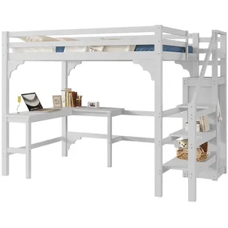 Okwish Hochbett 140x200cm mit L Schreibtisch und Kleiderschrank Jugendzimmer, Weiß ohne Matratze
