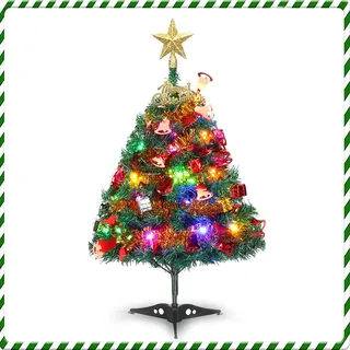 Mini-Weihnachtskiefer, 24"/60cm kleine Tischplatte künstlicher Weihnachtsbaum mit LED-Schnur Lichter Ornamente, Dekor für Raum und Büro