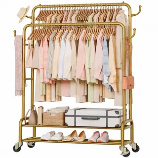 Yorbay Kleiderständer auf Rollen Garderobenständer aus Metall: 2 Kleiderstange 4 Haken 2 Lagen Staufächer bis 120 kg Belastbar - Stabil Clothes Rack für Schlafzimmer Ankleidezimmer