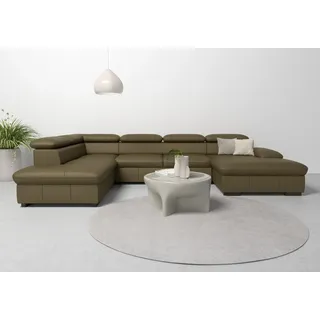 Wohnlandschaft HOME AFFAIRE "Alberto U-Form", grün (olive), B:350cm H:73cm T:228cm, Luxus-Microfaser in Lederoptik (100% Polyester);Microfaser in Antiklederoptik (100% Polyester);Luxus-Microfaser Vintageoptik (100% Polyester);Luxus-Microfaser weich (90%Polyester 10%Polyamid), Sofas, Wohnlandschaft, mit Kopfteilverstellung, wahlweise mit Bettfunktion