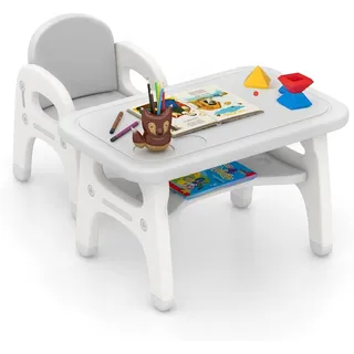 FANTASK Kindertisch mit Stuhl in Grau Dinosaurierdesign, Maltisch Basteltisch, Kindersitzgruppe mit Bauklötze & Ablage, Kinder Tisch Stuhl Set für Kinder über 3 Jahren