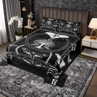 Gothic Motte Tagesdecke 240x260cm Menschliches Skelett Totenkopf Print Steppdecke Schwarz-weiße Tagesdecke 3er Set für Jungenzimmer Mottenschädel Übergroße Bettwäsche Steppdecke mit 2 Kissenbezügen