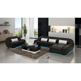 Ledersofa Couch Wohnlandschaft Ecksofa + Sessel Eck Garnitur Design Sofa mit USB - Schwarz