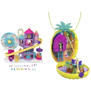 Polly Pocket HBT13 - Regenbogen-Einhornspaß Freizeitpark, 3 Verschiedene Freizeitpark-Attraktionen, 7 Spielbereiche & GKJ64 - Ananas-Taschen-Schatulle, tragbar, mit 8 lustigen Funktionen