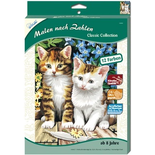 Mammut Spiel & Geschenk 110006 Malen nach Zahlen Classic Tiermotiv, Zwei Kätzchen, Katze, Komplettset mit bedruckter Malvorlage im A4 Format, 12 Acrylfarben, Pinsel, Malset für Kinder ab 8 Jahre