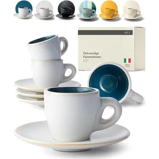 KIVY Espressotassen Set [4 x 75ml] - Handgefertigt aus dickwandigem Steingut Tasse - Espresso Tassen Set mit Untertasse - Espressotassen dickwandig italienisch - Espressotasse Blau Beige - Mokkatassen