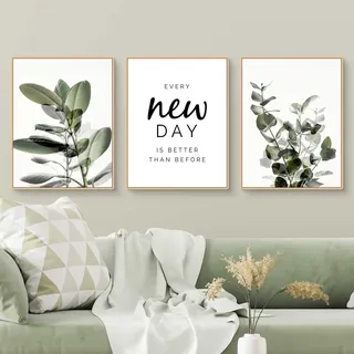 Qeuufieu 3-teiliges Moderne Poster Set, Boho Aesthetic Grün Pflanze Wanddeko Bilder Wohnzimmer Deko Schlafzimmer, Premium Leinwand Bild Wandkunst, ohne Rahmen