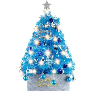 Mini Weihnachtsbaum, Siebwin 60CM Blau Weihnachtsbaum Klein mit Baumkrone Stern Weihnachtskugel Ornamente LED String Licht und Baumrock