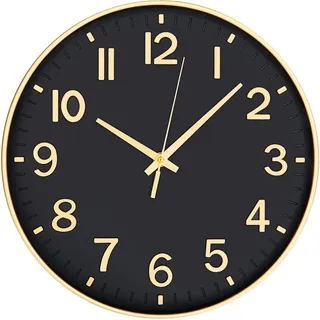 30cm Lautlos Wanduhr Schleichende Sekunde mit Arabisch Ziffer ohne Ticken | für Dekoration Wohnzimmer, Küche, Büro, Schlafzimmer (Schwarzes Gold)