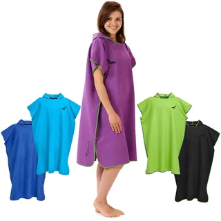 Fit-Flip Badeponcho aus Mikrofaser für Damen und Herren - schnelltrocknend, kompakt und Ultraleicht - Strandponcho für Erwachsene mit Kapuze (Größe M, Lila/Grün)