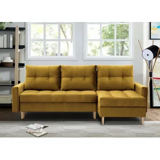 Ecksofa im Skandinavisches Stil mit universelle Ottomane HALANT mit Schlaffunktion (Senfgelb, Velour) - Gelb