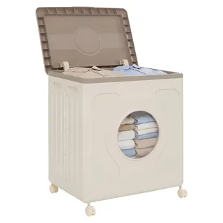 COSTWAY Aufbewahrungsbox, 45 L Wäschekorb Kunststoff mit Rollen & Deckel & Fenster, Wäschetonne tragbar für Zuhause, Wäsche & Schlafzimmer, Grau - Weiß, Grau
