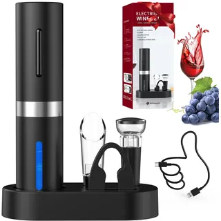 CIRCLE JOY Elektrischer Weinöffner-Set, Wiederaufladbares 5-in-1 Weinöffner-Geschenkset mit Ladestation, Folienschneider, Weinausgießer und Vakuum-Weinstopfen