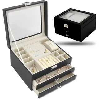 Galeara design Schmuckkästchen mit Glasdeckel Schwarz - Schmuckbox mit 2 Schubladen - Schmuckaufbewahrung