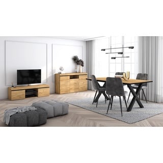 Skraut Home - Wohnzimmermöbel-Set | Tisch 170 Rand Schwarze X-Beine 8 Personen | Lowboard 140 | Sideboard/Buffetschrank 140 | Eiche und Schwarz | Industrieller Still