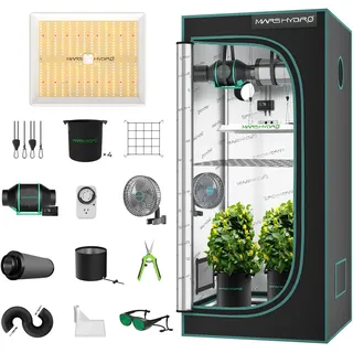 Mars Hydro Growzelt Komplettset TS1000 Led Grow Lampe 150W 80x80x160cm Grow Tent 1680D hohe reflektierende Mylar mit 4" Ventilation System mit Temperatur-Feuchtigkeits-Controller, 6“ Clip Fan