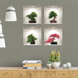 3D-Aufkleber, selbstklebend, 3D-Effekt, Bonsai-Effekt, bunte Bonsai-Ahorn-Wandtattoos – Wandaufkleber für Schlafzimmer Erwachsene – 3D-Wohnzimmer – Wandaufkleber Trompe das Auge | 80 x 80 cm