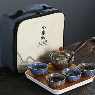 Scizorito Keramik Portable Travel Tee Set, chinesischer Kungfu Tee Set mit 360-Rotation Teekanne und Infuser, 4-Teetassen, Tee Tablett und Reisetasche (Bambus Weave Lila)