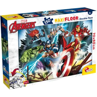 Lisciani - Marvel Avengers - Bodenpuzzle mit 150 Teilen ab 6 Jahren | Wendepuzzle - Rückseite zum Ausmalen im Format 70 x 50 cm - Große Heldenszene - Fördert Konzentration, Geduld und Ausdauer