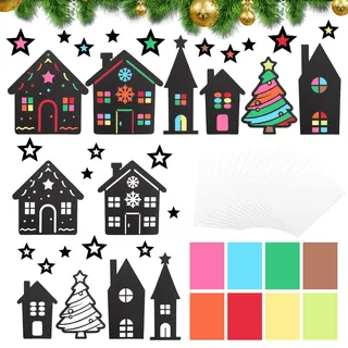 42 Stück Weihnachtsdeko Basteln, Weihnachtsbasteln, Bastelset Weihnachten, Fensterbilder Weihnachten, Haus, Weihnachtsbaum, Sterne, Bunte Fenster Sticker, DIY Bastelset