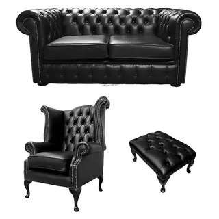 Chesterfield Leder Textil Sofagarnitur Ohrensessel Design Sofa Couch Hocker Neu - Schwarz