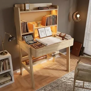 Kindertisch mit Stauraum, Schreibtisch Kinder mit 1 Schublade, Holzlatten Offene Regale mit LED-Lichtleiste & USB, Schülerschreibtisch für Kinder ab 6 Jahren (Natural - A)