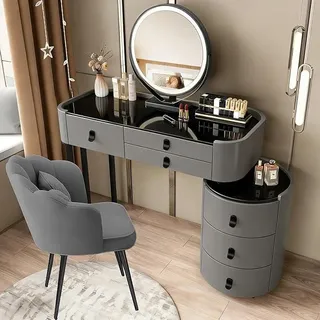Schminktisch mit Spiegel und Stuhl, Klassiker Grau Frisiertisch mit Hochglänzende Platte aus Gehärtetem Glas, 6 Schubladen & Seitenschrank, 100cm Kosmetiktisch für Schlafzimmer, Kunstlederoptik - Grau