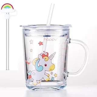 Banzimiao Glasbecher mit Deckel, transparentes Glas mit Strohhalm, 350 ml,Trinkbecher mit Deckel und Strohhalm für Kaffee, Fruchtsäfte, Eistee, Einhorn, 350 ml