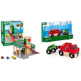 BRIO World 33204 Parkhaus, Straßen & Schienen – Eisenbahnzubehör Holzeisenbahn – Empfohlen für Kinder ab 3 Jahren & Bahn 33528 - Abschleppwagen mit Auto