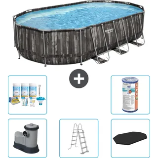 Bestway Oval Power Steel Swimmingpool – 610 x 366 x 122 – Grau – inklusive Pumpe – Leiter – Abdeckung Wartungspaket - Filter