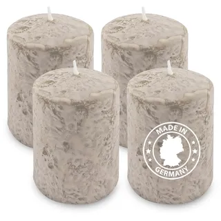 Alluvo Stumpenkerzen, 4er Set, Weiss, Beige, Sahara, Rocco Kerzen, Unparfümiert aus Natur Wachs, Ohne Palmöl, 90x60mm, Für Hochzeit, Advent, Weihnachten & Adventskerzen, Gesamtbrenndauer bis zu 104h