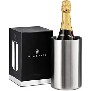Villa & Marx Weinkühler Edelstahl - Flaschenkühler für Wein, Champagner und Weißwein - Doppelwandiger Sektkühler aus Metall - Sekt Flaschen Kühler mit Premium Geschenkbox (Silber Weinflaschenkühler)