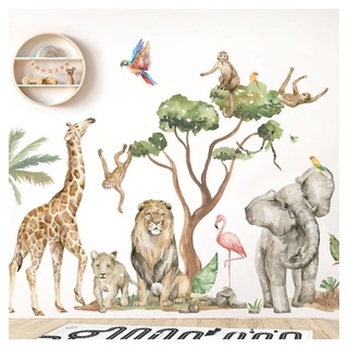 DEKO KINDERZIMMER XXL Wandsticker Set Dschungel Tiere Wandtattoo Kinderzimmer Babyzimmer Safari Löwe Wandaufkleber Wohnzimmer selbstklebend DK1050-06