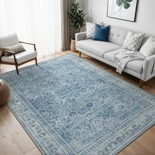 BEIMO Vintage Waschbarer Teppich Wohnzimmer, 150x210cm Blau | Boho Orientalisch, Großer Weicher Kurzflor Carpet mit Rutschfester für Küche und Bettvorleger Schlafzimmer