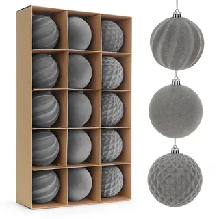 Miaikoe 15 Stück Samt Weihnachtskugeln hängende Ornamente Set, vorgebunden zerstörungsdicht Plastik Flocked Weihnachtskugeln Weihnachtsdekorationen Festival Feiertag Party Dekor (Grau, 8CM)