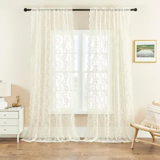 Elfenbeinfarbene Spitzen-Vorhänge, 244 cm lang, 2 Paneele, Vintage-Paisley-Blumenmuster, durchscheinende Vorhänge für Wohnzimmer, Mädchen-Schlafzimmer, Stangentasche, Lichtfilterung, cremefarben,