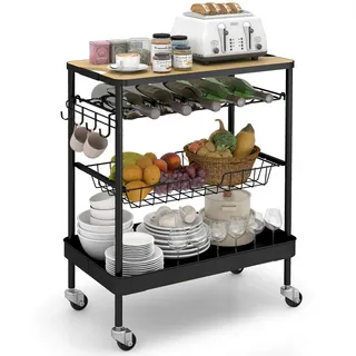 Sekey Servierwagen mit Rollen | Barwagen und Griff | Weinglashalter | Oberer MDF-Platte | mit 4 Haken | 360°-Gummiräder mit Bremse | Rostfest | Küchenwagen für Küche, Bar, Esszimmer | Schwarz