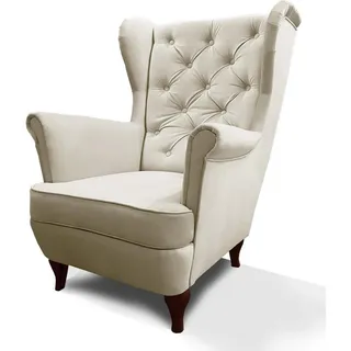 Beautysofa Chesterfield-Sessel Falco beige mit Holzbeinen , Greige , 82x102x92 cm , Wohnzimmer, Sessel, Ohrensessel