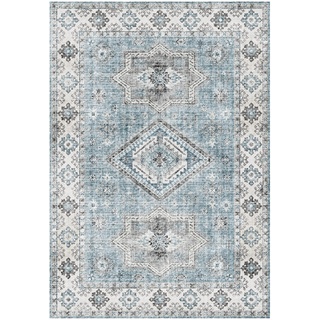 Designteppich Vintage Print Blau chiniert, Wohnzimmerteppich - Schlafzimmerteppich, Antikes Medaillon, Maschinengewebt aus 100% Polyester, 160x230 cm, Beige - Blau