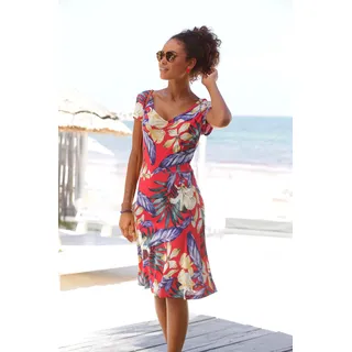 LASCANA Sommerkleid "mit V-Ausschnitt und Alloverdruck, Jerseykleid" Ohne Taschen T-Shirtkleid aus Jersey, leichtes Strandkleid, Viskosekleid, rot, blau, bedruckt