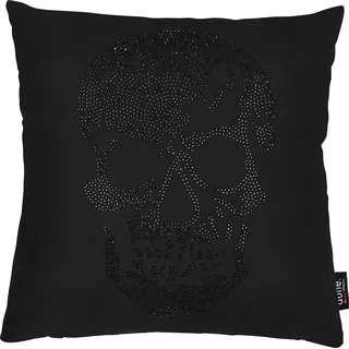 Dekokissen DONE. "Stone Skull", schwarz (schwarz, bedruckt), B:45cm L:45cm, Baumwolle, Dekokissen_Sitzkissen_Kissenhüllen, Dekokissen, mit Totenkopf-Applikation, Kissenhüle mit Füllung, 1 Stück