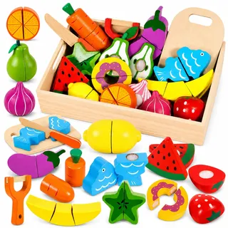 SaiXuan Kinder Holzspielzeug Küche – Schneideset mit Obst und Gemüse zum Zerschneiden, inkl. Schäler/Holzmesser/Schneidebrett, Lernspielzeug für Rollenspiele, Küchenzubehör Kinder ab 3 Jahren