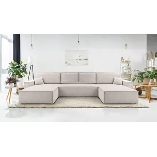 AX LIVING Weiß Sofa U mit Schlaffunktion Cedria U Wohnlandschaft 389 cm - Creme
