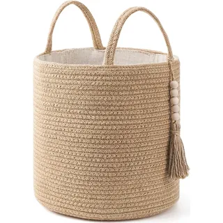 Aufbewahrungskorb aus gewebtem Naturseil mit Holzperlen - Aufbewahrung für Decken, Spielzeug, Kleidung, Schuhe und Pflanzen - Wohnaccessoire mit Handgriffen