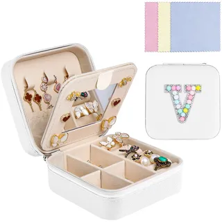 Ghope Schmuckkästchen Reise mit Spiegel, Klein Schmuck-Reiseetui mit initiale Schmuckkasten tragbar Schmuckschatulle Schmuckkoffer Schmucketui Jewelry Box für Damen Mädchen Geschenk