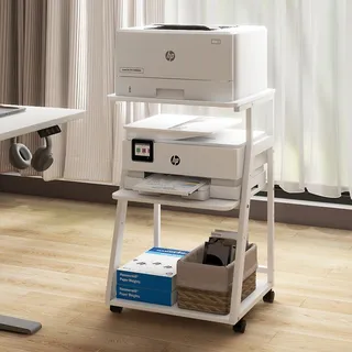 PUNCIA Druckertisch mit Rollen 3-Ebenen Druckerständer 50 x 40 cm | Druckerwagen aus Holz & Metall mit verstellbarer Ablage Druckerregal Druckerhalter für Drucker Kopierer Scanner Büro Weiß