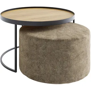Novel Couchtischset , Braun, Eichefarben , Holz, Textil , 2-teilig , Eiche , massiv , rund , 50x39x50 cm , Holzmöbel, Holztische, Wohnzimmertische Holz, Couchtische Holz